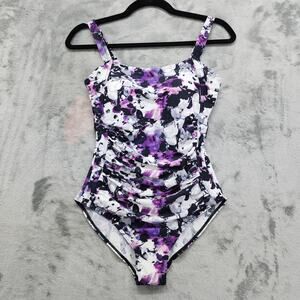 NEW Jusfitsu Swimsuit Size 6 Purple Black Floral Ruched Tummy Control High Cut